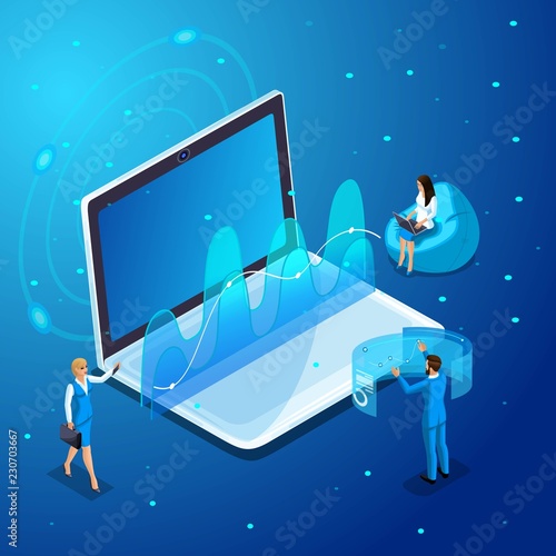 Isometric modern businessman and business ladies work with gadgets, virtual screen management, work with analytics, graphs and diagrams