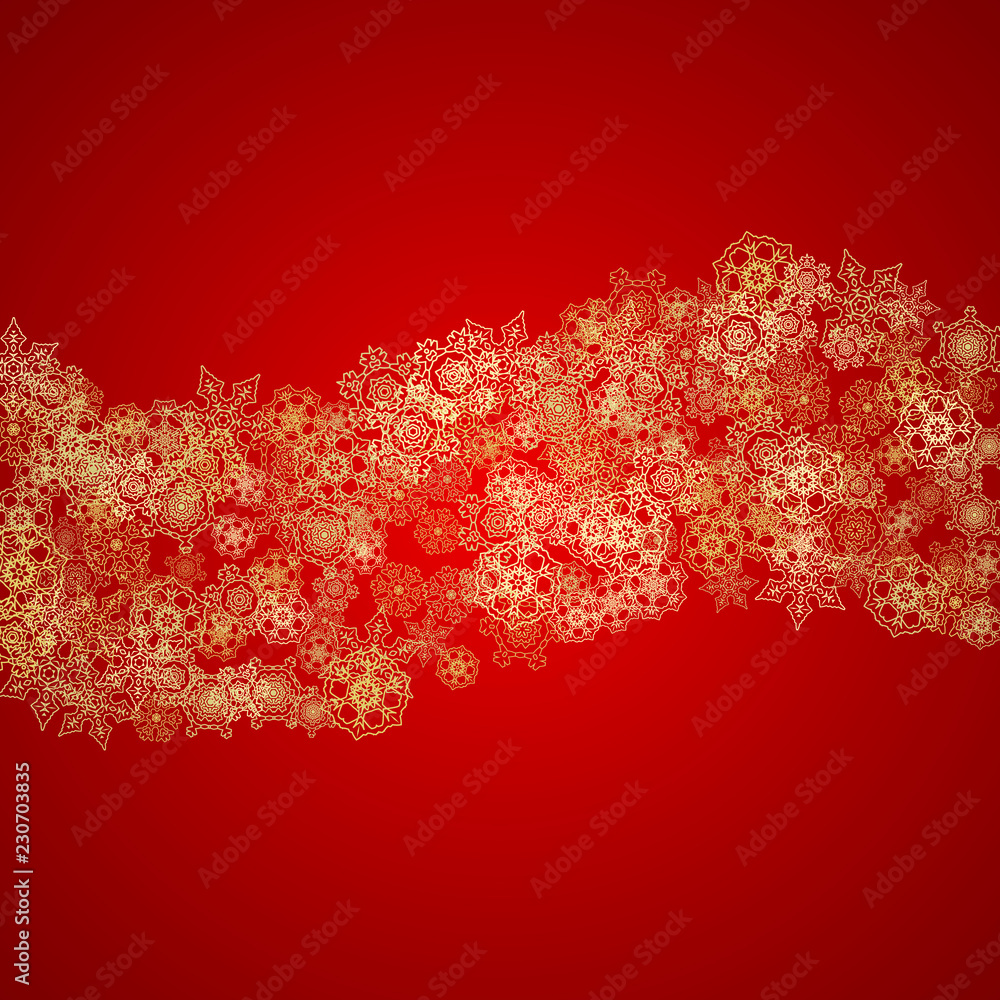 Fototapeta premium Christmas snowflakes on red background. Glitter frame for seasonal winter banners, gift coupon, voucher, ads, party event. Santa Claus colors with golden Christmas snowflakes. Falling snow for holiday