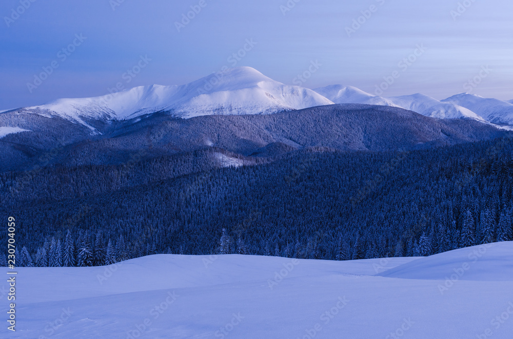 Winter landscape with a snowy mountain peak