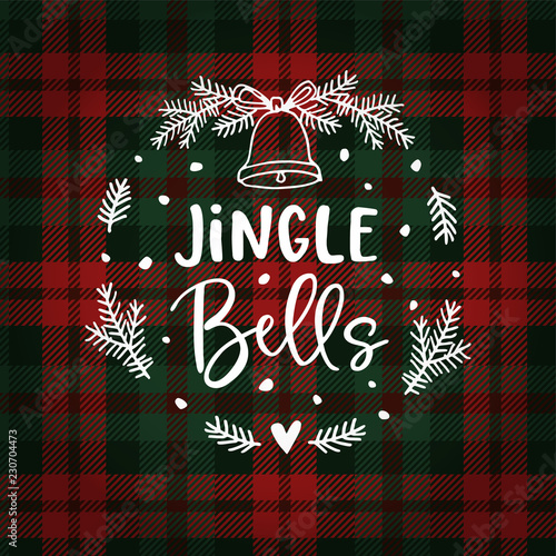 Jingle bells Christmas greeting card, invitation with fir tree wreath, bell and falling snow. Hand lettered white text over tartan checkered plaid. Winter vector calligraphy illustration background.