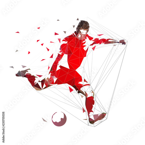 Football player in red jersey running with ball, abstract low poly vector drawing. Soccer player kicking ball. Isolated geometric colorful illustration, side view
