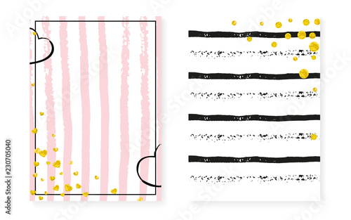 Gold glitter cards with dots and sequins. Wedding and bridal shower invitation set with confetti. Vertical stripes background. Creative gold glitter cards for party, event, save the date flyer.