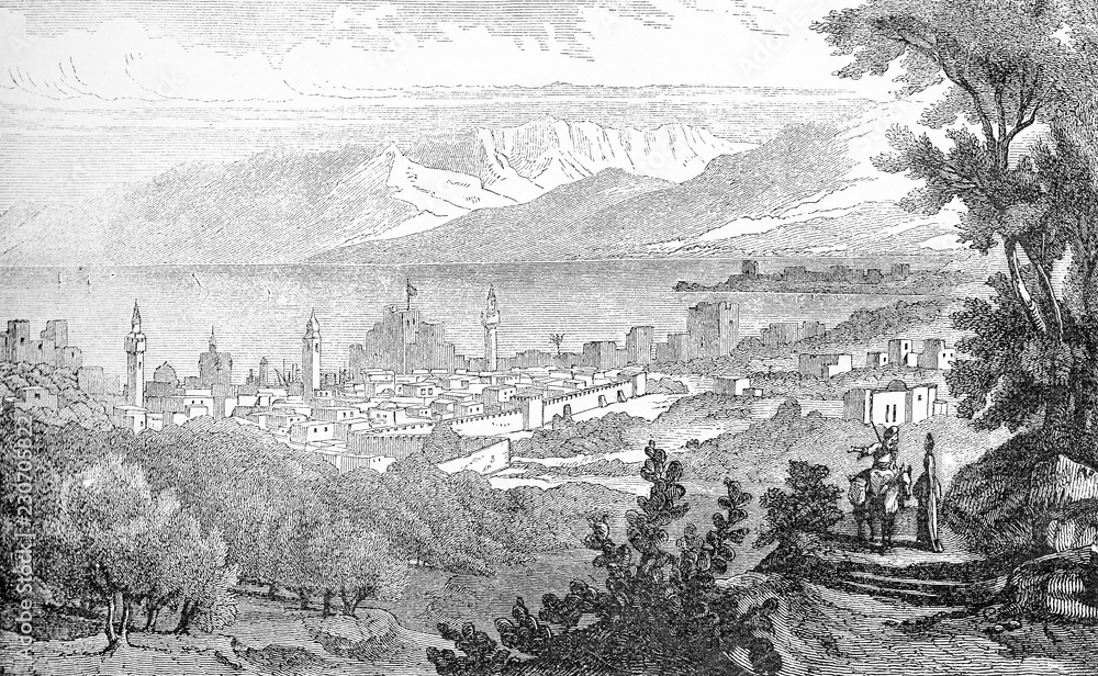 Vintage engraving of Beirut one of the oldest cities in the world, with defence walls, towers, on the sea border with the view of Mount Sannine
