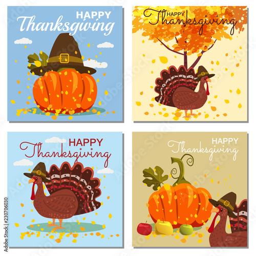 Set Card Happy Thanksgiving Celebration with Cartoon Pumpkin and Autumn Leaves. Vector, Illustration, Design, Baner, Poster