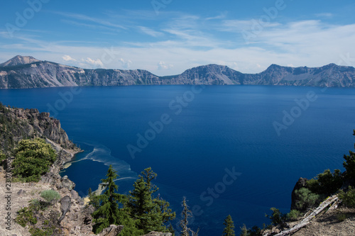 Wide angle view of Crater Lake National Park in Oregon, on sunny clear summer day