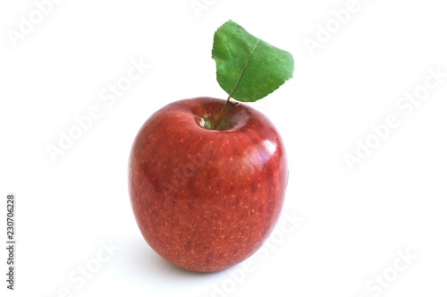 red apple with green leaf isolated on white