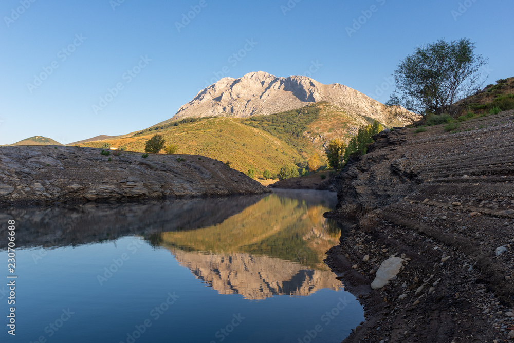 Camporredondo reservoir with Espiguete peak as background, Palencia province, Spain