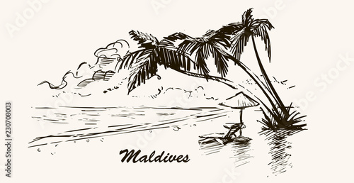Fototapeta Beach with palm trees in Maldives.Hand drawn sketch Maldives illustration in retro frame.