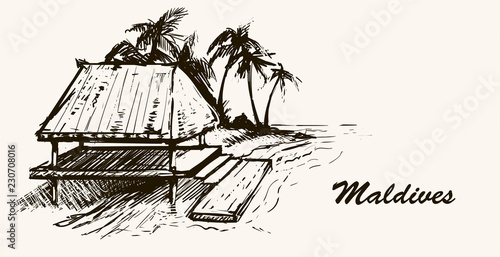 Fototapeta House by the sea on the beach Maldives.Hand drawn sketch Maldives illustration
