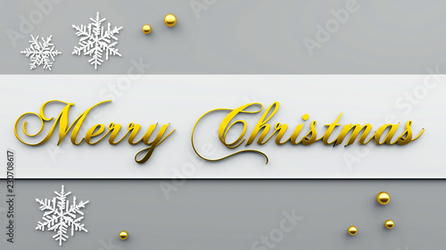 3d render - Merry christmas text in gold letters and christmas baubles on grey background 