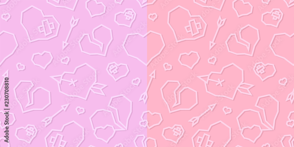 Fototapeta St. Valentine's Day Hearts Low Poly Seamless Pattern. 2 Light Color Variations