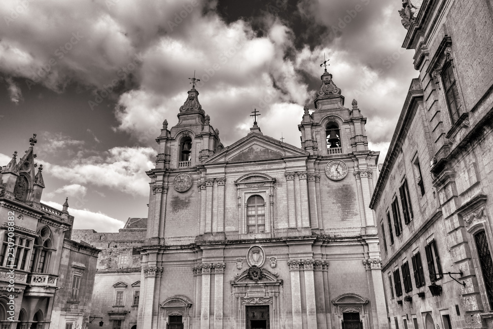 The ornate St. Paul's Cathedral.  Located in the ancient medieval capital city of Mdina, Malta.  Europe.