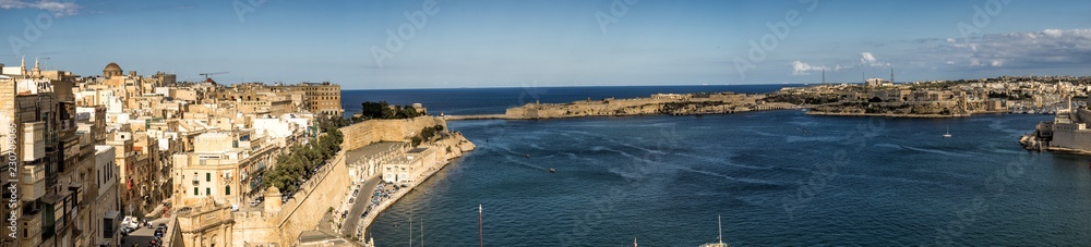 Panorama photo - The Grand Harbour (Harbor) of the ancient city of Valletta, Malta.