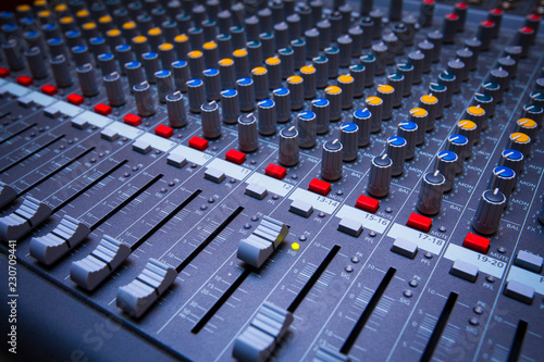 Professional console sound mix. Sound mixing controller for music.Dj audio mixer knobs for nightclub event.