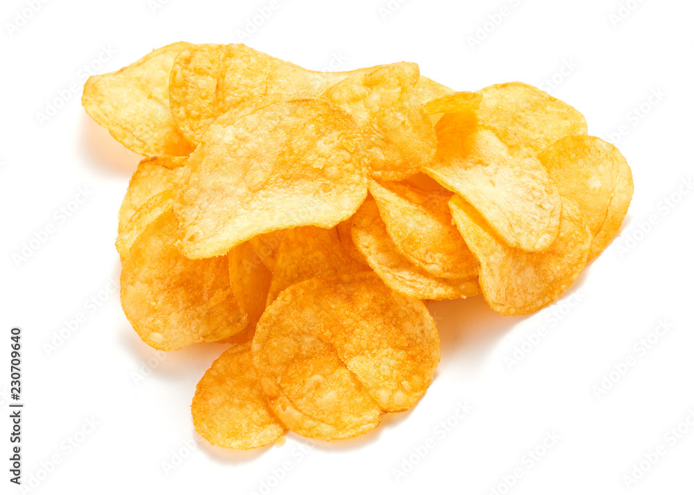 heap of fried potato chips isolated on white background