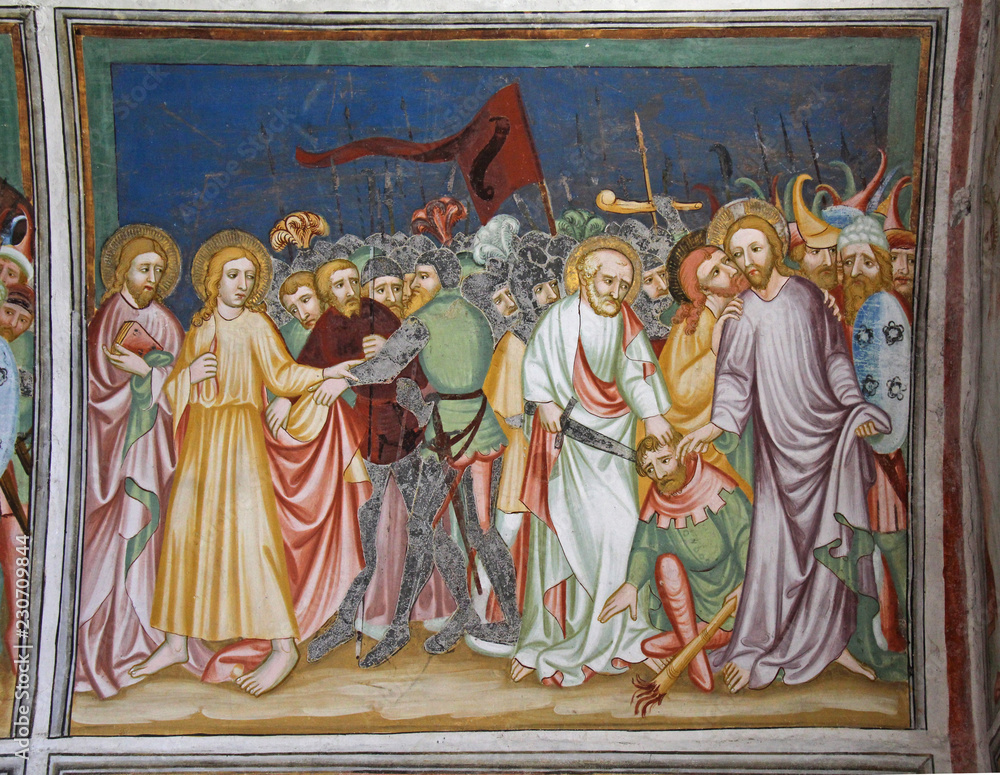 Bacio di Giuda e cattura di Gesù; affresco della chiesa romanica di San Martino in Campiglio presso Bolzano