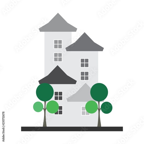 Buildings exterior with trees. Flat vector graphic illustration.