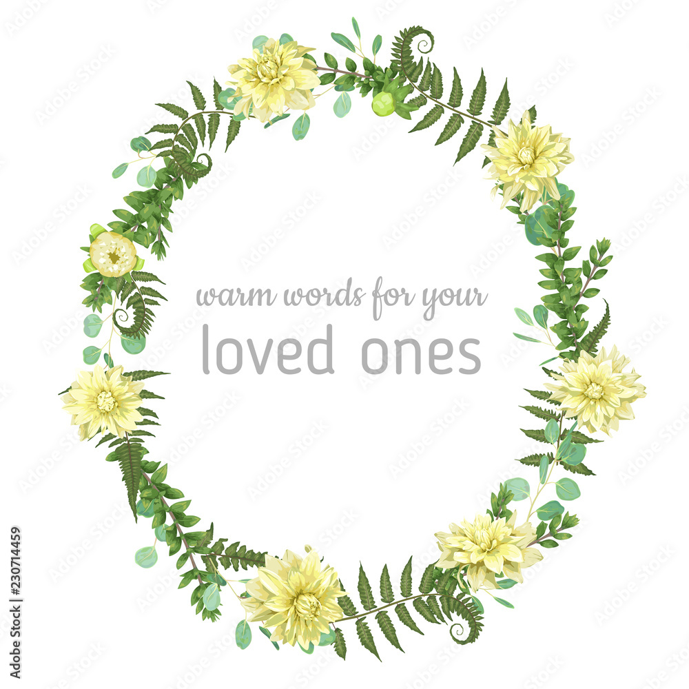 Beautiful leafy frame wreath of eucalyptus, fern, flowers of yellow dahlia and boxwood branches isolated on white. For wedding invitations, vignettes
