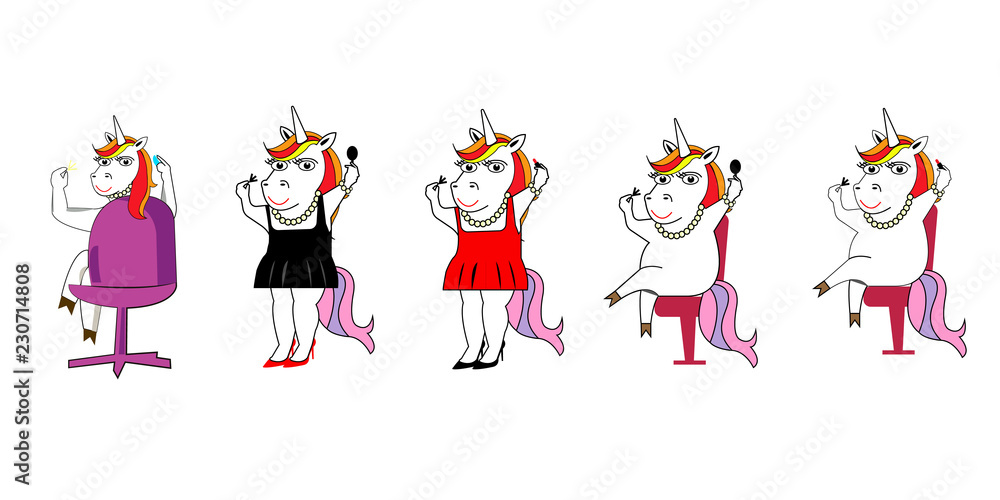 Set of female unicorns, isolated on white