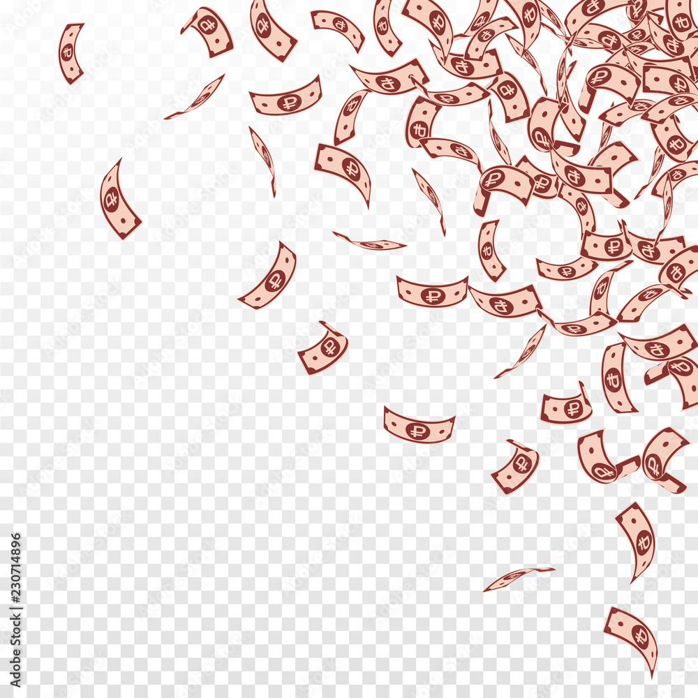 Russian ruble notes falling. Small RUB bills on tr Russian ruble notes falling. Small RUB bills on tr