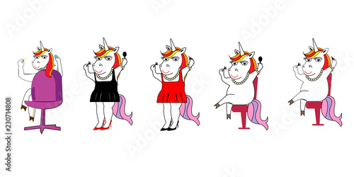 Set of female unicorns, isolated on white