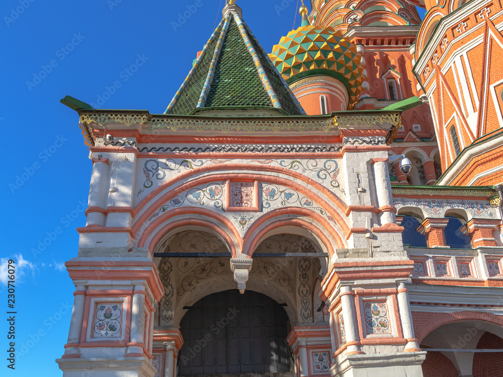 Moscow, Russia, 10.11.2018. Hipped roof and rich decor of one of the porch of St. Basil's Cathedral