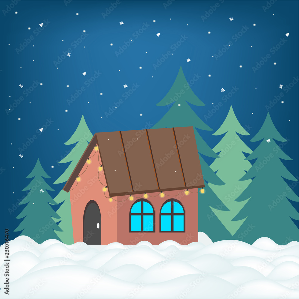 Vector postcard at night with a house and shone with lights Vector postcard at night with a house and shone with lights