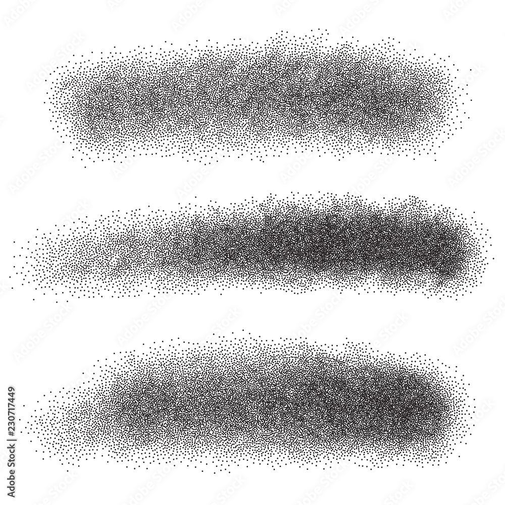 Vector set of stippled strokes, stains for backdrops. Monochrome design elements set. One color monochrome artistic backgrounds. Dotted stroke set.
