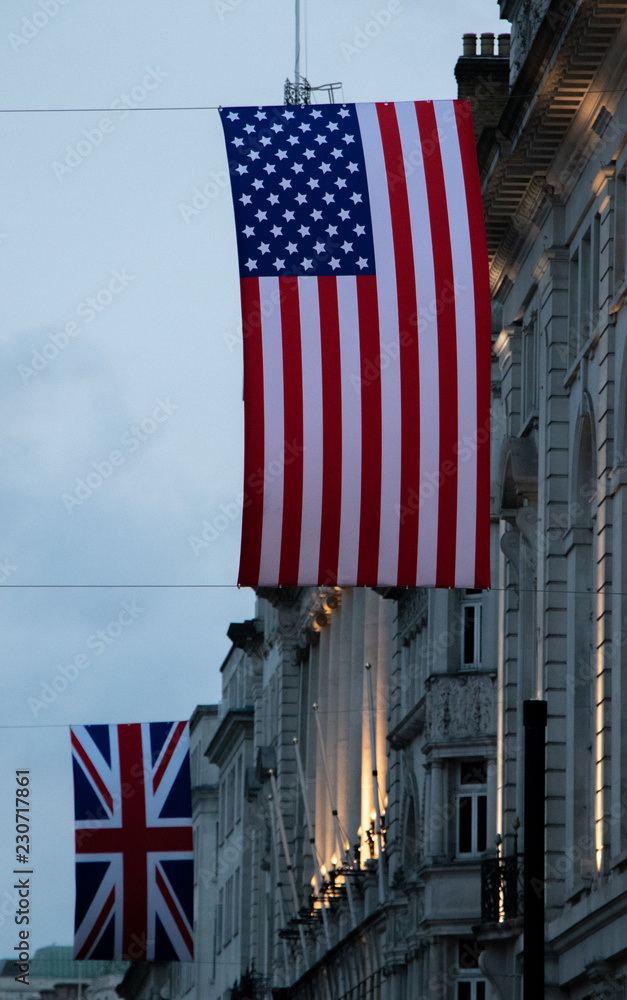 UK and US flag in London at Piccadilly Circus
