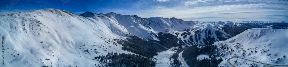 Aerial drone photograph of fresh snow after a winter blizzard in the Colorado Rocky Mountains.  Taken near Loveland Pass