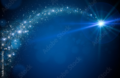 Abstract Bright white Star with blue background. Shooting star. Meteoroid. asteroid  comet