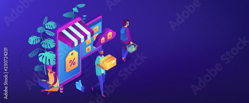 Online discount store concept isometric 3D banner header. © Visual Generation