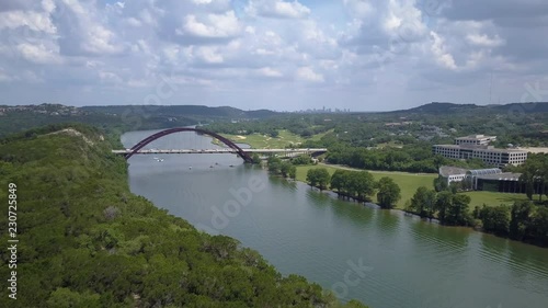 Wide aerial view of Pennyback bridge with downtown Austin, Texas in the background photo