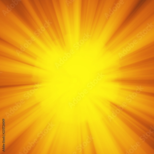 Background with abstract explosion or hyperspeed warp sun God rays. Bright orange yellow light strip burst, flash ray blast. Illustration with copyspace for your text
