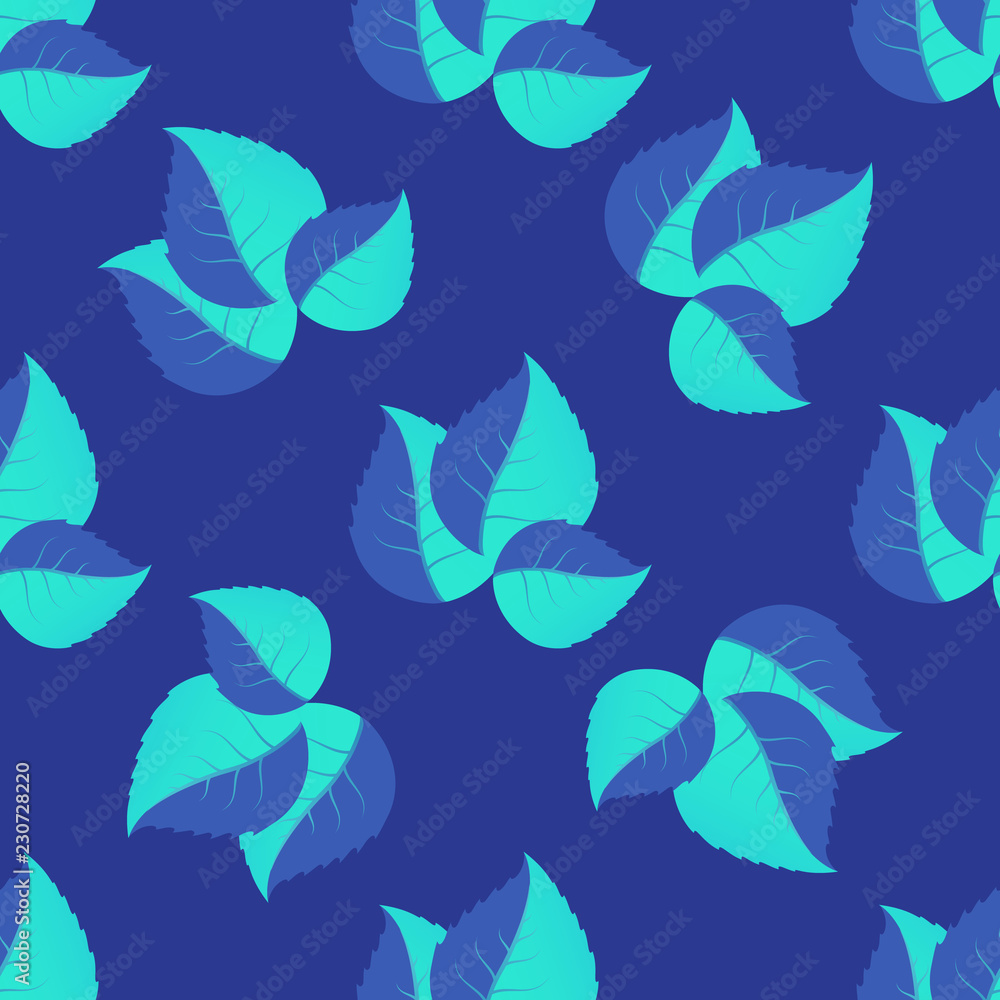Seamless pattern of leaves arranged randomly on blue background.