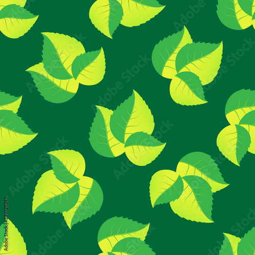 Seamless pattern of leaves arranged randomly on green background.