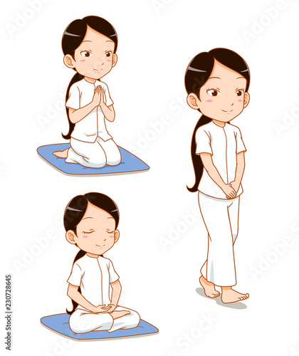 Cartoon character of girl meditating, observe Buddhist Precepts. practices Dharma.