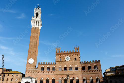 The Torre del Mangia is a tower in Siena next to the Palazzo Pubblico (city hall), in the Tuscany region of Italy. Built in 1338-1348, the building is located in the Piazza del Campo