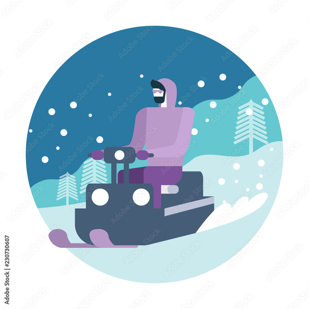 Young man posing on snowmobile. Winter activity. flat icon design. vector illustration Young man posing on snowmobile. Winter activity. flat icon design. vector illustration