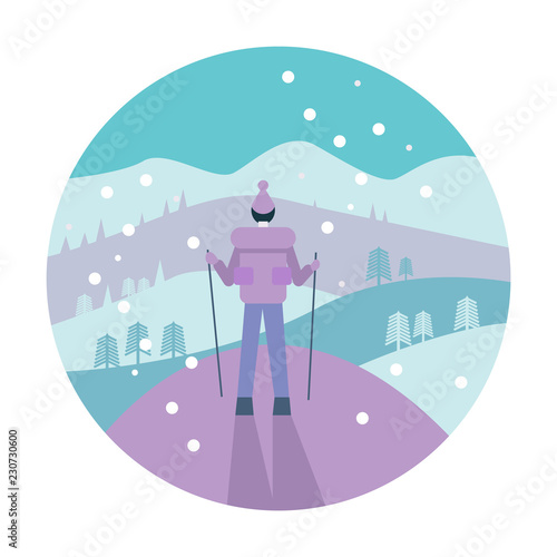 Man with backpack trekking in mountains. Cold weather. Winter activity. flat icon design. vector illustration