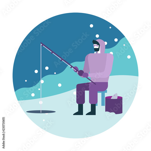 Man fishing on ice. Winter activity. flat icon design. vector illustration