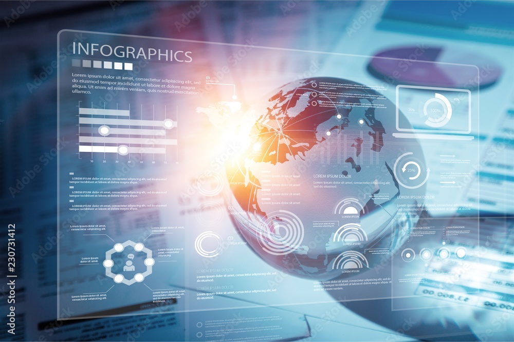 Glass globe with financial reports and graphs, toned image Glass globe with financial reports and graphs, toned image