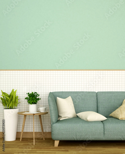 Living room in home or apartment on white ceramic wall and green wall decorate - Living area or relax area for artwork - 3D Illustration