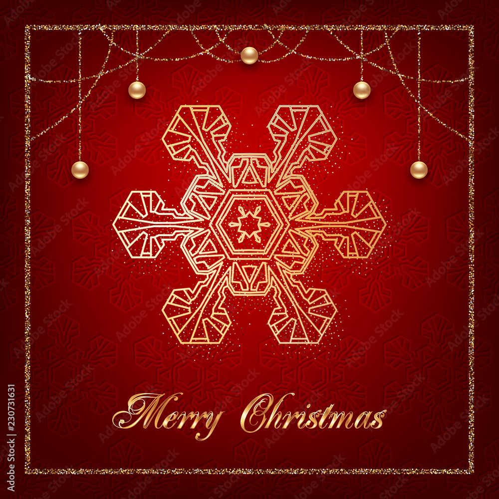 Fototapeta premium Illustration of christmas greeting card or invitation with decorative snowflake, golden beads and confetti on red background