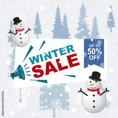 Winter Sale Banner Label Flyer Off Snowman Snowflake Pine Fir