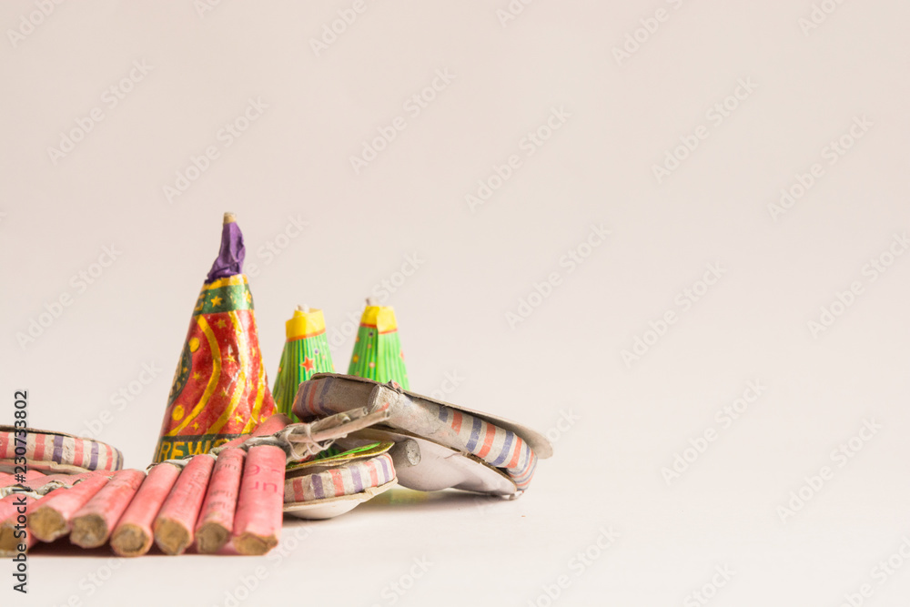Different types crackers used in Diwali celebration on isolated