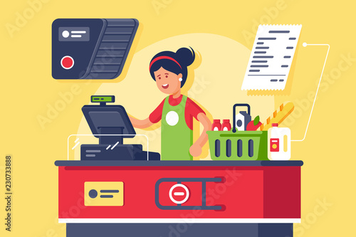 Young smiling woman cashier at the workplace in supermarket, shop.
