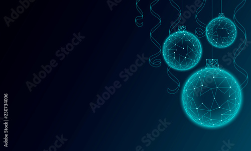 Christmas tree ball decoration low poly. Modern futuristic technology art template greeting card. Dark blue background. Glowing sparkling 3D render sphere Happy New Year banner vector illustration