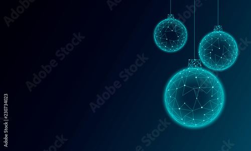 Christmas tree ball decoration low poly. Modern futuristic technology art template greeting card. Dark blue background. Glowing sparkling 3D render sphere Happy New Year banner vector illustration