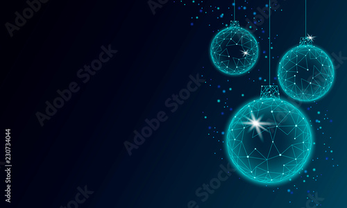 Christmas tree ball decoration low poly. Modern futuristic technology art template greeting card. Dark blue background. Glowing sparkling 3D render sphere Happy New Year banner vector illustration